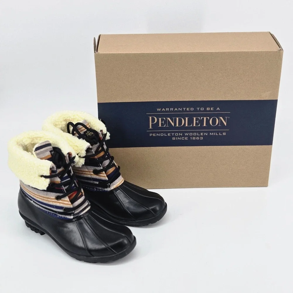 Pendleton Bridger Stripe Duck Mid Boot Black Waterproof Winter Women Shoes 6 NIB